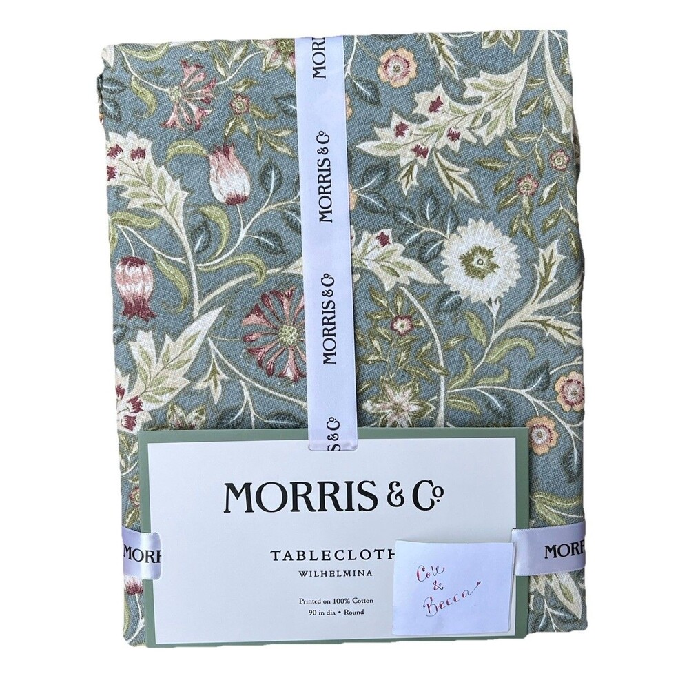 MORRIS & Co Wilhelmina 100% Cotton Tablecloth 90” ROUND Green Floral New